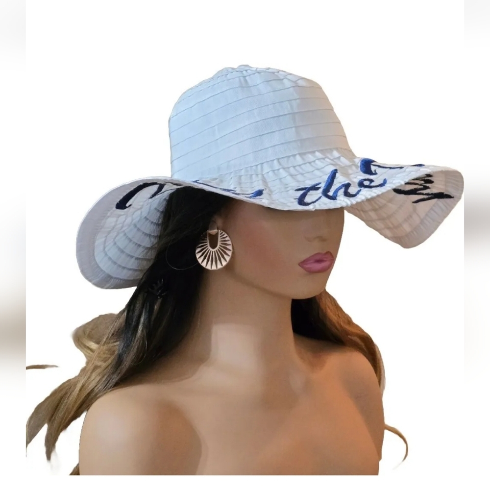 Seas the Day Sun Beach Hat  Sz OS. Wide Brim Floppy Beach White Navy Nautical - Picture 10 of 13
